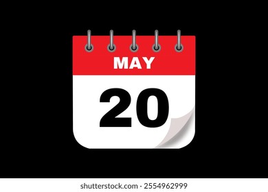 20 May calendar icon text page monthly web design on red, white and black background vector, icon, or illustration with the month of May 20
