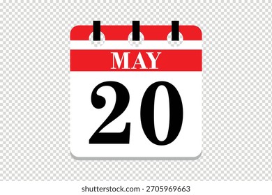 20 mayo Calendario icono Vector, 20 fechas de mayo mes calendario icono, fechas de mayo 20 calendario icono, Vector calendario icono.