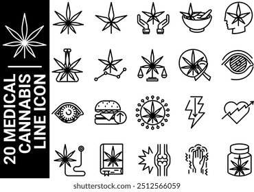 20 medical cannabis line icon, black and white