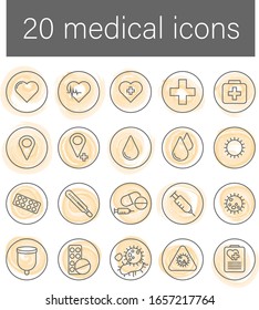 20 medical icons. Set of vector images for doctor social network. Hospital and medical. Virus, bacteria, pills, menstrual cup, thermometer, drop, vaccine, pharmacy