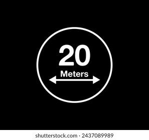 Icono de distancia de 20 metros. Medición vectorial en metros, círculo blanco aislado sobre fondo negro