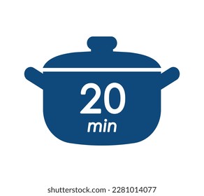 20 min cooking time blue label, cooking pot symbol with twenty minute mark, boiling time vector illustration