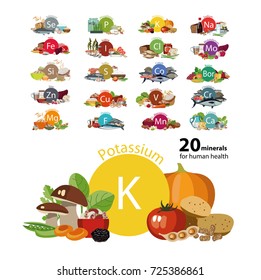 "20 minerals for human health" series. Natural organic products rich with a trace substance potassium. Bases of a healthy nutrition.