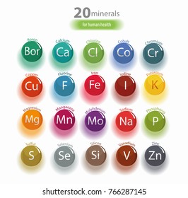 20 minerals: microelements and macro elements, useful for human health. Fundamentals of healthy eating and healthy lifestyles.