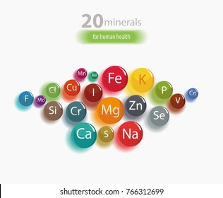 20 minerals: microelements and macro elements, useful for human health. Fundamentals of healthy eating and healthy lifestyles.