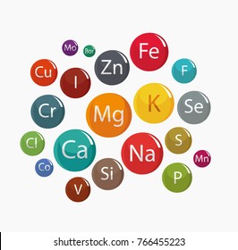 20 minerals: microelements and macro elements, useful for human health. Fundamentals of healthy eating and healthy lifestyles.