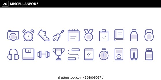 20 Minimal Miscellaneous Line Icons for Fitness Music Camera Calendar and Daily Use in Vector Style