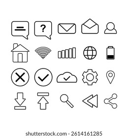 20 minimalist black-and-white UI icons for digital apps and websites, covering communication, navigation, connectivity, settings, and utilities. Simple, recognizable, enhancing UX