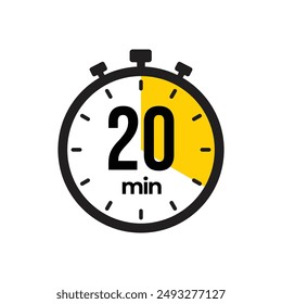 20 minute Timer, clock, stopwatch isolated icons. Countdown timer symbol. Label cooking time. Minute timer, Time measure, Chronometer, Alarm, Kitchen timer, label, sticker, stamp.  Vector illustration