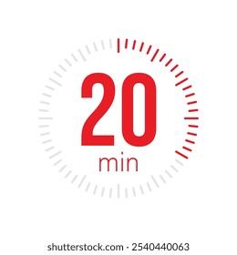 20 minute Timer, clock, stopwatch isolated icons. Countdown timer symbol. Label cooking time. Minute timer, Time measure, Chronometer, Alarm, Kitchen timer, label, sticker, stamp. Vector illustration