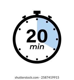 20 minute Timer, clock, stopwatch isolated icons. Countdown timer symbol. Label cooking time. Minute timer, Time measure, Chronometer, Alarm, Kitchen timer, label, sticker, stamp. Vector illustration