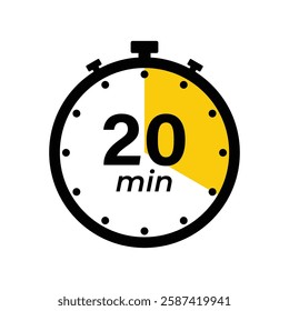 20 minute Timer, clock, stopwatch isolated icons. Countdown timer symbol. Label cooking time. Minute timer, Time measure, Chronometer, Alarm, Kitchen timer, label, sticker, stamp. Vector illustration