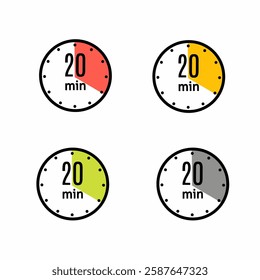 20 Minute timer icons. sign for twenty minutes. the limited cooking time or deadline for an event or task.modern flat design. Clock, stop watch, chronometer showing five minutes label