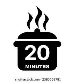 20 minutes boiling time icon. Cook clip art on black silhouette vector. Food services time graphic design