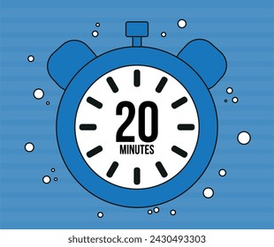 20 minutos de reloj. Alarma de marcador de minutos aislada sobre fondo azul. Vector de reloj de contador de tiempo