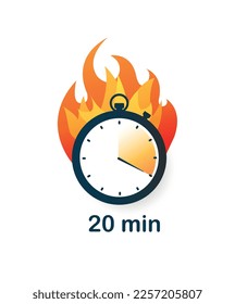 20 minutes clock on fire icon. Third of hour, time management and deadline setting. Organization of effective workflow. Graphic element for website. Cartoon flat vector illustration