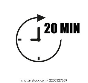 20 minutes clock vector with pointer. Black clockwise arrow with white background