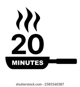 20 minutes cooking time icon. Cook clip art on black silhouette vector. Food services time graphic design