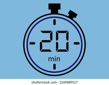 20 minutes icon isolated on blue background. Watch, timer, countdown symbol.