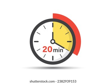 20 minutes on stopwatch icon in flat style. Clock face timer vector illustration on isolated background. Countdown sign business concept.