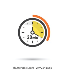 20 minutes on stopwatch icon in flat style. Clock face timer vector illustration on isolated background. Countdown sign business concept.