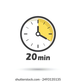 20 minutes on stopwatch icon in flat style. Clock face timer vector illustration on isolated background. Countdown sign business concept.