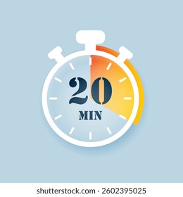 20 minutes on stopwatch icon in flat style. Clock face timer vector illustration on isolated background. Countdown sign business concept.