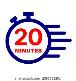 20 minutes stopwatch icon with red and blue colour. Stop watch clip art on black and red vector. Services time graphic design