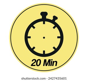 Cronómetro de 20 minutos. Icono de signo del temporizador amarillo y negro aislado sobre fondo blanco