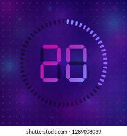 The 20 minutes, stopwatch vector icon, digital timer. Vector digital count down circle board with circle time pie diagram. Watch outline style design, designed for web and app.