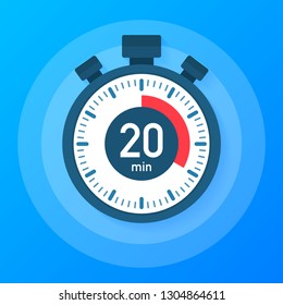 The 20 minutes, stopwatch vector icon. Stopwatch icon in flat style, 20 minutes timer on on color background. Vector stock illustration.