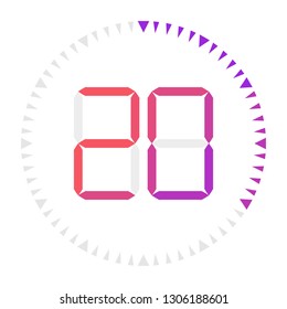 The 20 minutes, stopwatch vector icon, digital timer. Vector digital count down circle board with circle time pie diagram. Watch outline style design, designed for web and app.