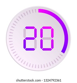 The 20 minutes, stopwatch vector icon, digital timer. Vector digital count down circle board with circle time pie diagram. Watch outline style design, designed for web and app.