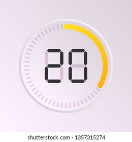 Die 20 Minuten, hören Sie Vektorsymbol, digitale Timer. Vektor-Digital-Zähl-Kreisseite mit Kreiszeitpie-Diagramm. Sehen Sie sich das Design des Rahmenstils an, das für Web und App entwickelt wurde.