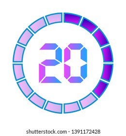 The 20 minutes, stopwatch vector icon, digital timer in modern style. Neon-gradient colorful.  Clock and watch, timer, countdown symbol.
