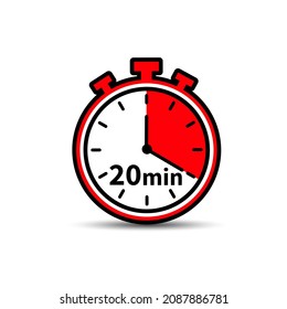 20 Minutes Time. Stopwatch red icon. Vector illustration