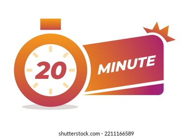 20 minutes timer, stopwatch. Time measure label concept. Colored flat graphic vector illustration isolated. 