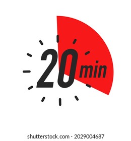 20 minutes timer symbol color style isolated on white background. Clock, stopwatch, cooking time label, sport icon. Vector 10 eps