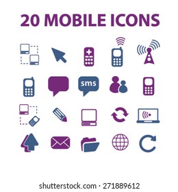 20 mobile, communication, connection icons, signs, illustrations set, vector