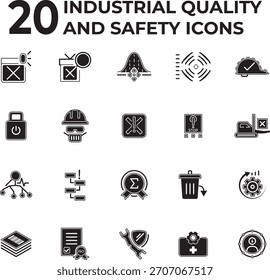 20 ícones vetoriais de preenchimento sólido modernos para Qualidade e Segurança Industrial, cobrindo padrões, EPI, gerenciamento de riscos, controle de processos, Six Sigma, manutenção e análise de dados. Ideal para documentos técnicos