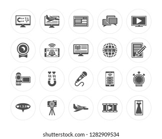20 Monitor, Computer, Airplane, Camera, Counting, Tv, Web, Microphone, Camcorder, Mobile modern icons on round shapes, vector illustration, eps10, trendy icon set.