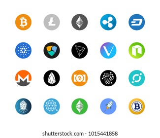 20 most popular cryptocurrency logo set - bitcoin, litecoin, ethereum, ripple and other.