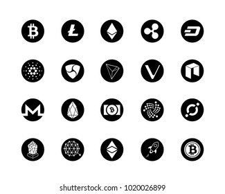 20 most popular cryptocurrency logo set - bitcoin, litecoin, ethereum, ripple and other. Black icon set.