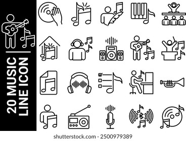 20 music line icon, black and white