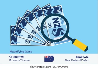 20 New Zealand Dollar banknote with magnifying glass. New Zealand business, payment and finance element. Can be used for web, mobile, infographic and print.