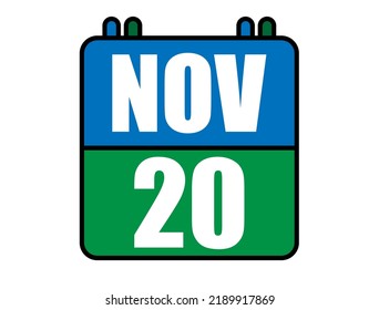 20 November calendar. Blue and green calendar page for November days. Vector isolated on white background.