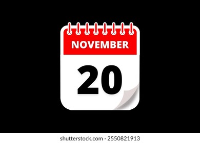 20 November calendar icon text page monthly web design on red, white and black background vector, icon, or illustration with the month of November 20