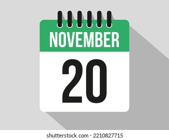 20 November calendar vector icon. Green November date for the days of the month and week