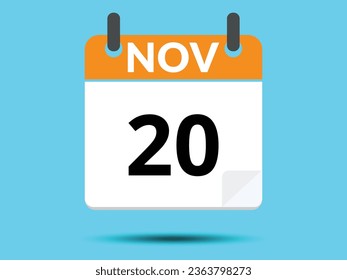 20 November. Flat icon calendar isolated on blue background. Vector illustration.