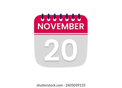 20 November month single day vector, illustration, calendar with red, off white and white color background calendar November 20